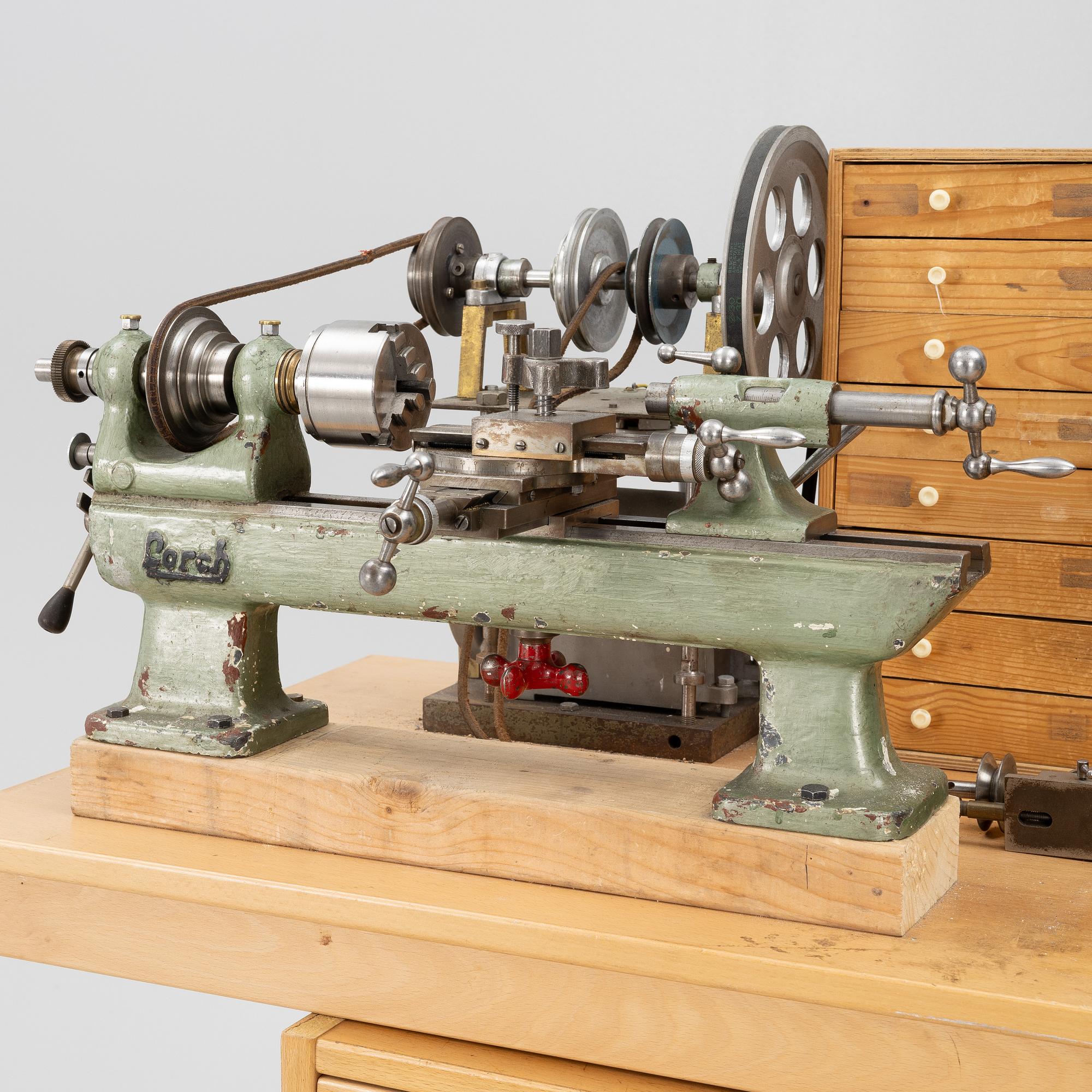 Watchmaking tools and spare parts, including a lathe by Lorch.