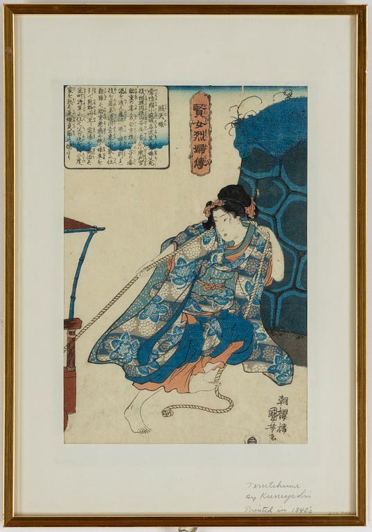 Utagawa Kuniyoshi, two coloured woodblock prints, from Biographies of Wise Women and Virtuous Wives, Japan, 19th century.