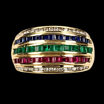 RING, 18k guld med diamanter, rubiner, smaragder och safirer.