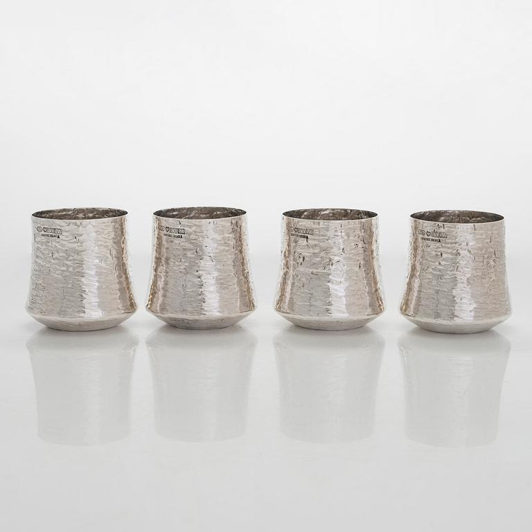 Tapio Wirkkala, four silver beakers, and a rosewood and sterling silver tray, Kultakeskus, Hämeenlinna 1973-74.