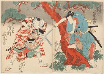 UTAGAWA KUNISADA KOCHORO TOYOKUNI III, träsnitt, 2 st, Japan, 1800-tal.