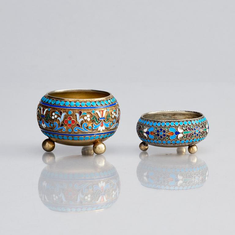 Two Russian spice/salt-cellars, parcel-gilt silver and enamel, mark of Ivan Saltykov and Ivan Sergeyevich Lebedkin.