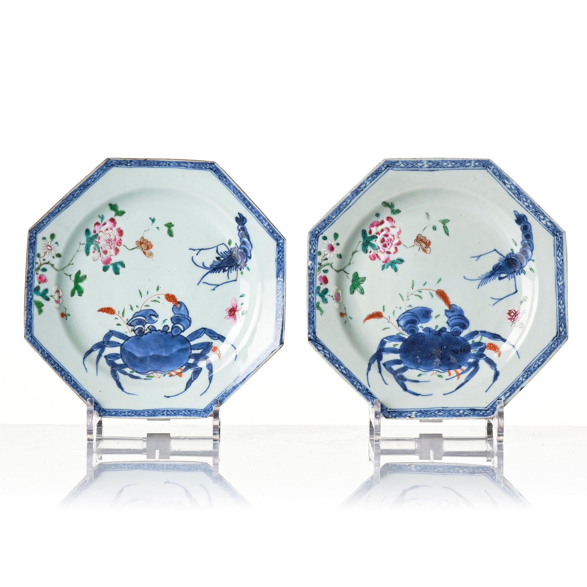 A set of six famille rose crayfish plates, Qing dynasty, Qianlong, 1740-60.