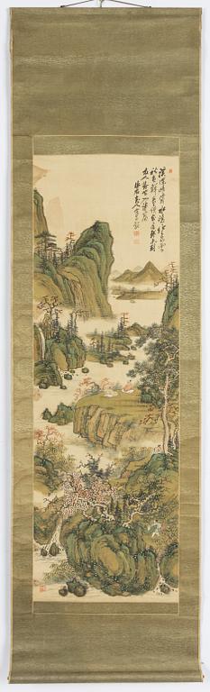 Rullmålning, okänd konstnär, färg och tusch på siden. Qing dynastin. Signerad och med fyra sigill i rött.