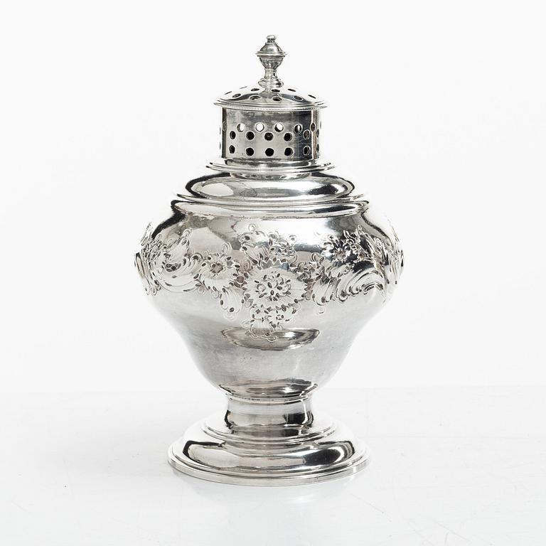 An English silver sugar caster, London 1751, probably Samuel Taylor.