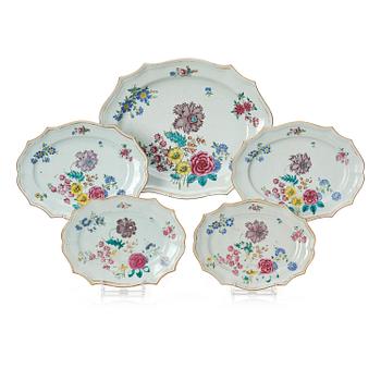 1242. A set of five famille rose serving dishes, Qing dynasty, Qianlong (1736-95).