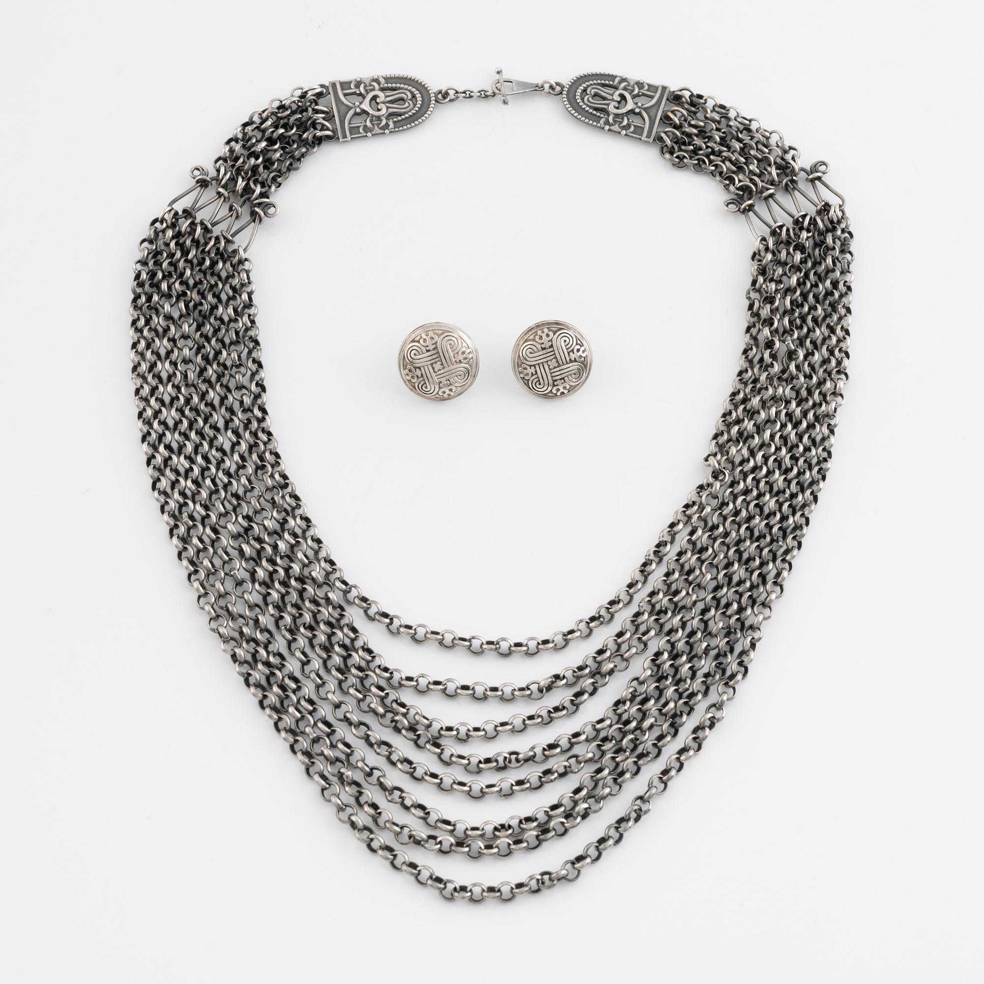 Kalevala Koru, collier "Paradis", and a pair of earrings, "Hannunvaakuna", silver, Finland,