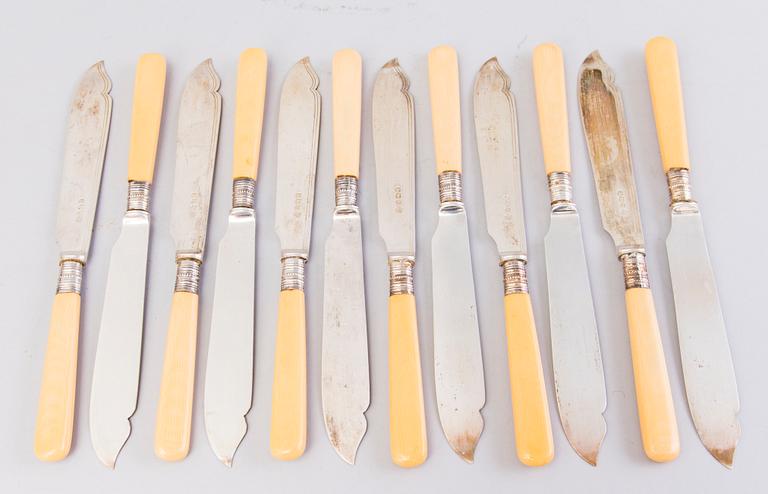 FISH CUTLERY, 12+12, silver and celluloid/ivorine, Sheffield 1936.