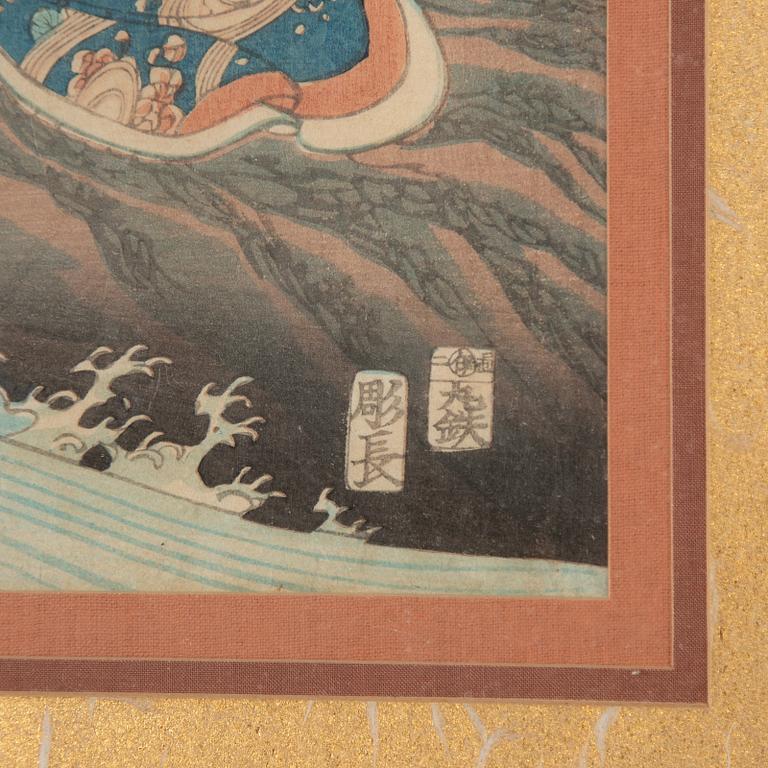 Yoshitora, triptyk, Prince Genji besöker Enoshima (Enoshima Chigo-ga-fuchi).