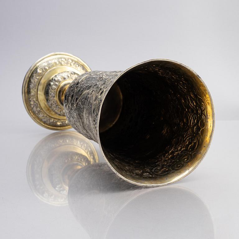 A partially gilded silver chalice, historicism, 19th century, baroque style, fantasy marks.