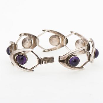 ARNE JOHANSEN, KAULAKORU ja RANNEKORU, hopeaa, pyöröhiotut ametistit. Tanska 1970-luku.