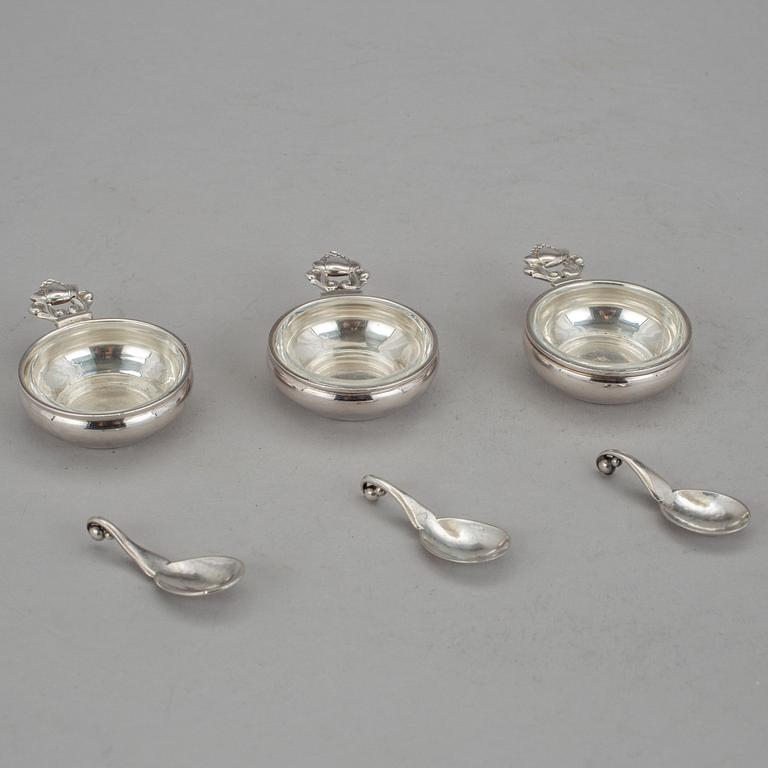 SALTKAR, 3 st, silver, "Konge", Georg Jensen, Danmark. Total silvervikt ca 59 g.