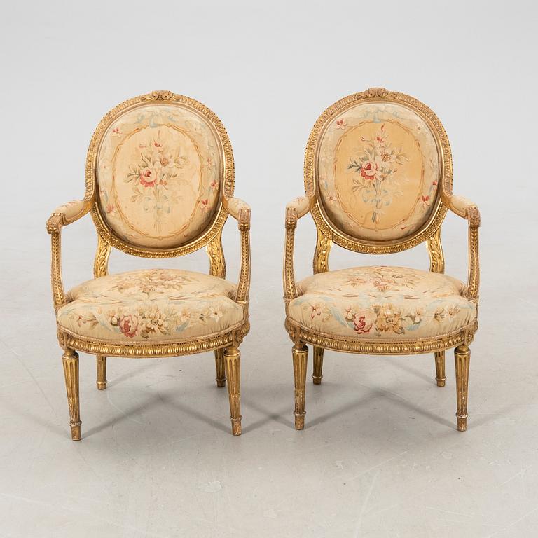 Sofa set, 3 pieces, Louis XVI style, circa 1900.