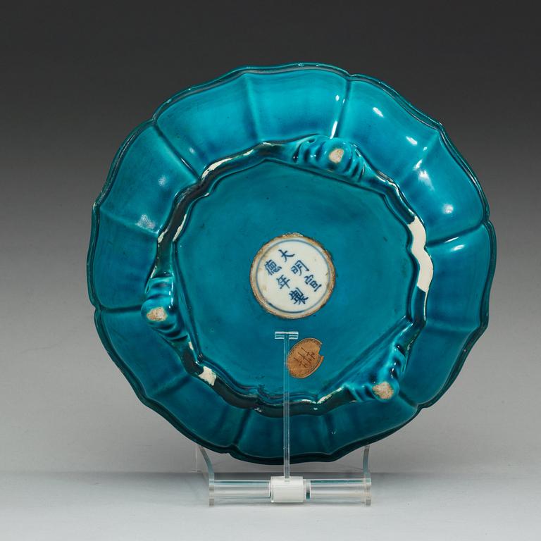 A turquoise glazed bulb bowl, presumably Kangxi (1662-1722) but reworked.