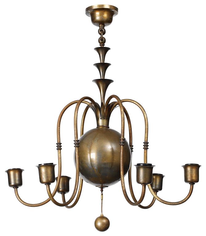 An Elis Bergh patinated brass ceiling lamp, CG Hallberg, Stockholm 1920's.