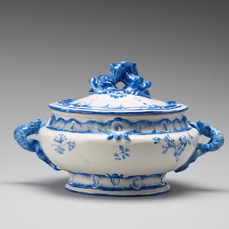 A large Swedish Marieberg faience tureen with cover, dated 27/10 (17)63 decorator signature Erik Aspegren.