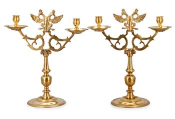336. A PAIR OF TWO-LIGHT CANDELABRA.