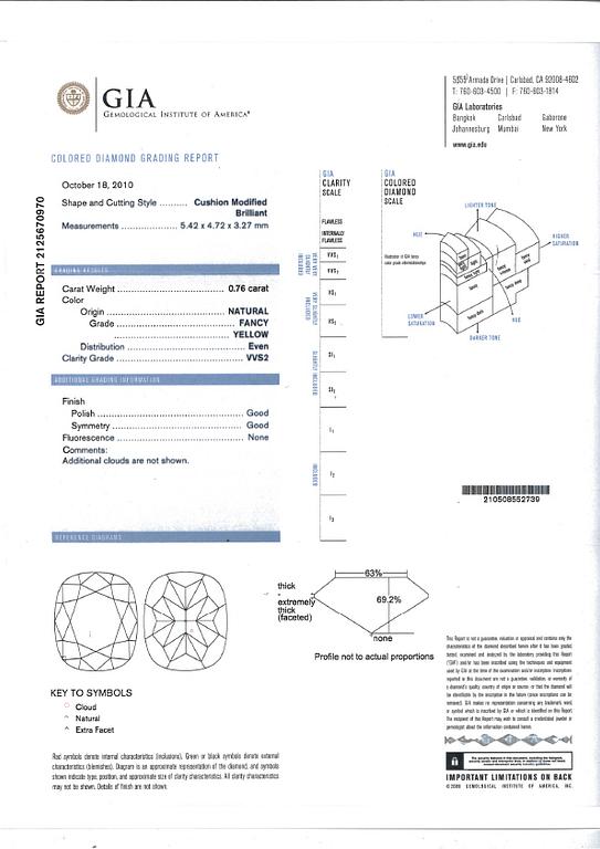 HÄNGE, 18 k vitguld med kuddslipad diamant, enl cert fancy yellow, ca 0.76 ct. Vikt ca 0,8 g.