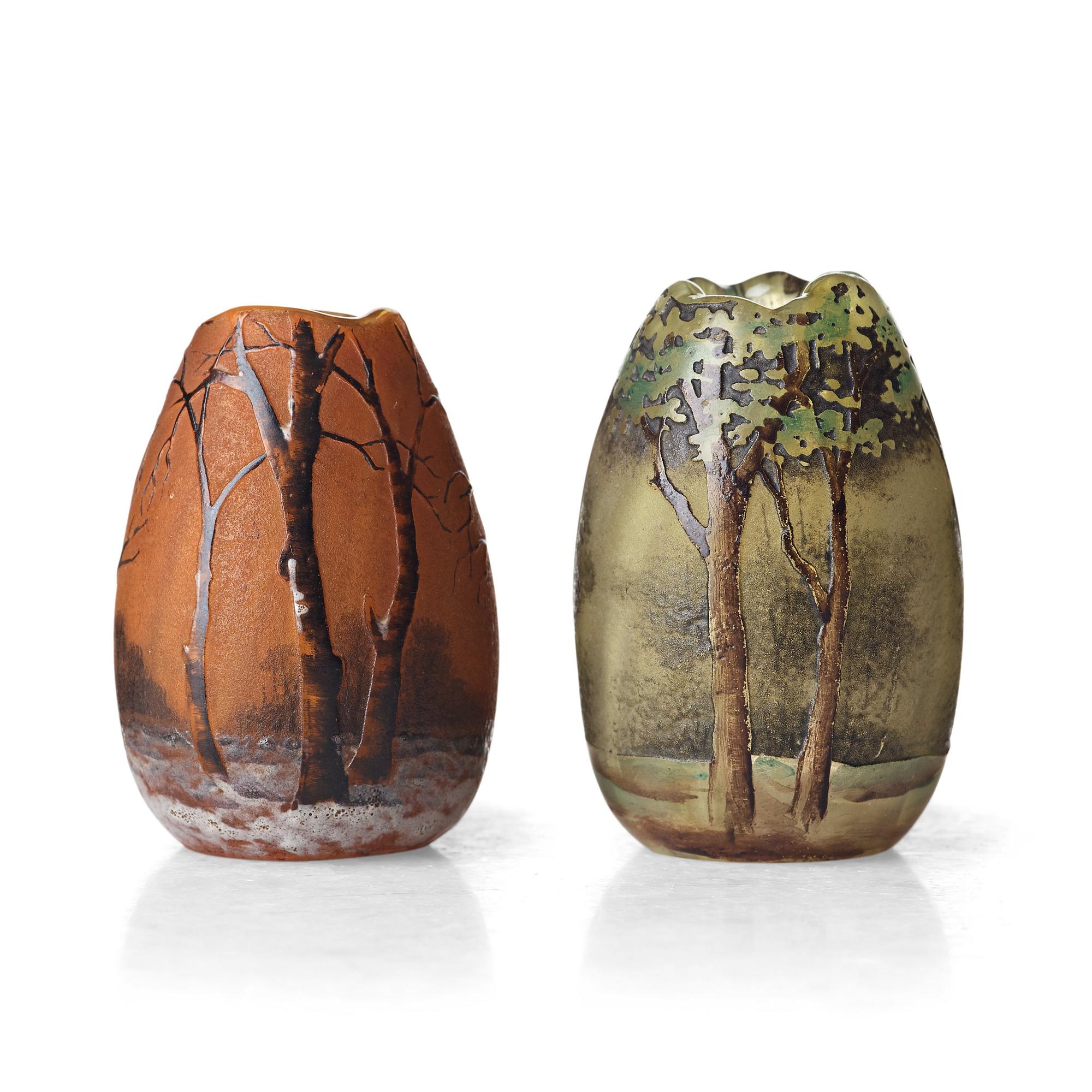 Daum, two Art Nouveau etched and enamel painted glass vases, Nancy, France.