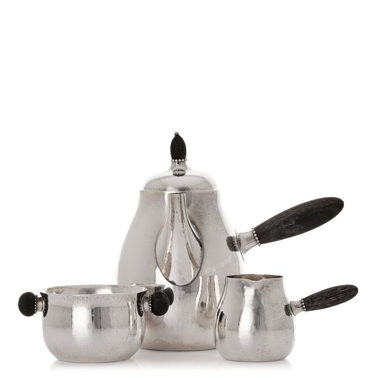 Georg Jensen, a set of three pieces of sterling coffee service, Copenhagen 1925-44 (the sugar bowl 1925-33), design nr 80 A and B.