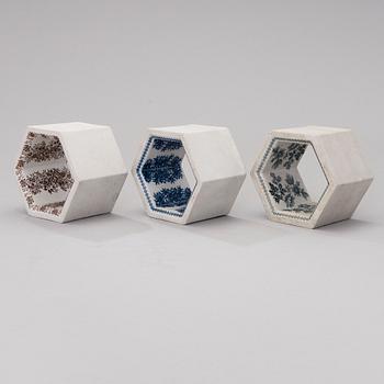 A set of three 1960s sculptures 'Hexagon tiles', for Arabia, Finland.