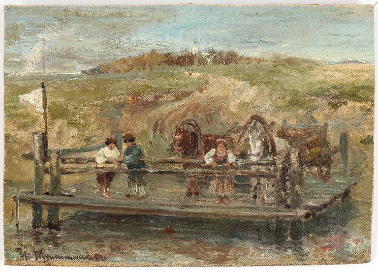 OKÄND KONSTNÄR, olja på duk uppklistrad på pannå, otydlig signatur.