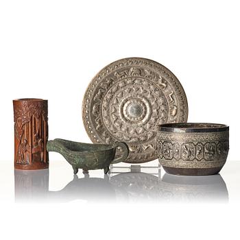 A Chinese brushpot, Qing dynasty, circa 1900. An archaistic bronze ewer and a silvered South East Asian bowl with stand.