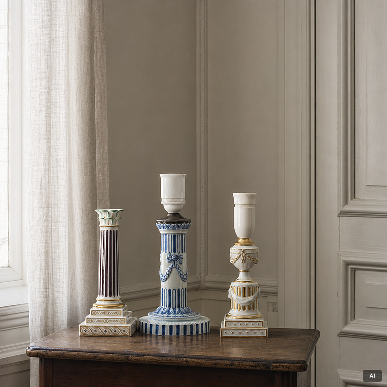 Royal Copenhagen, Two table lamps and a candlestick, Denmark, late 19th–early 20th century.