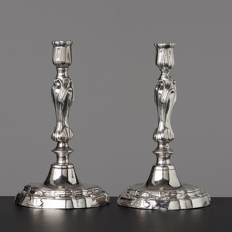 A pair of Rococo candlesticks by Stephen (Friedrich) T. Lemair, privilge in Stockholm 1762, Rococo, 1763.