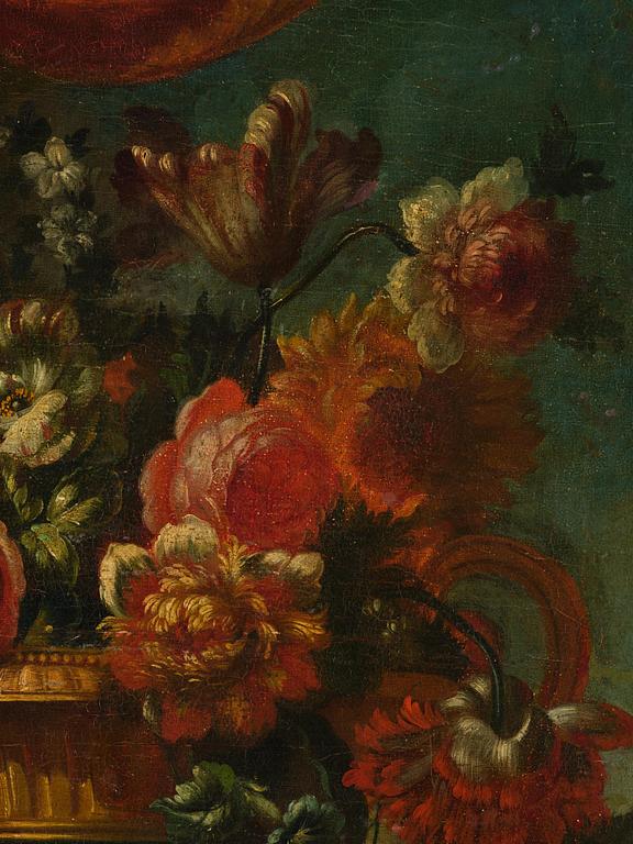 Pieter Casteels III, follower of, Wall panels, a pair, Flower urns with a parrot and a monkey respectively.