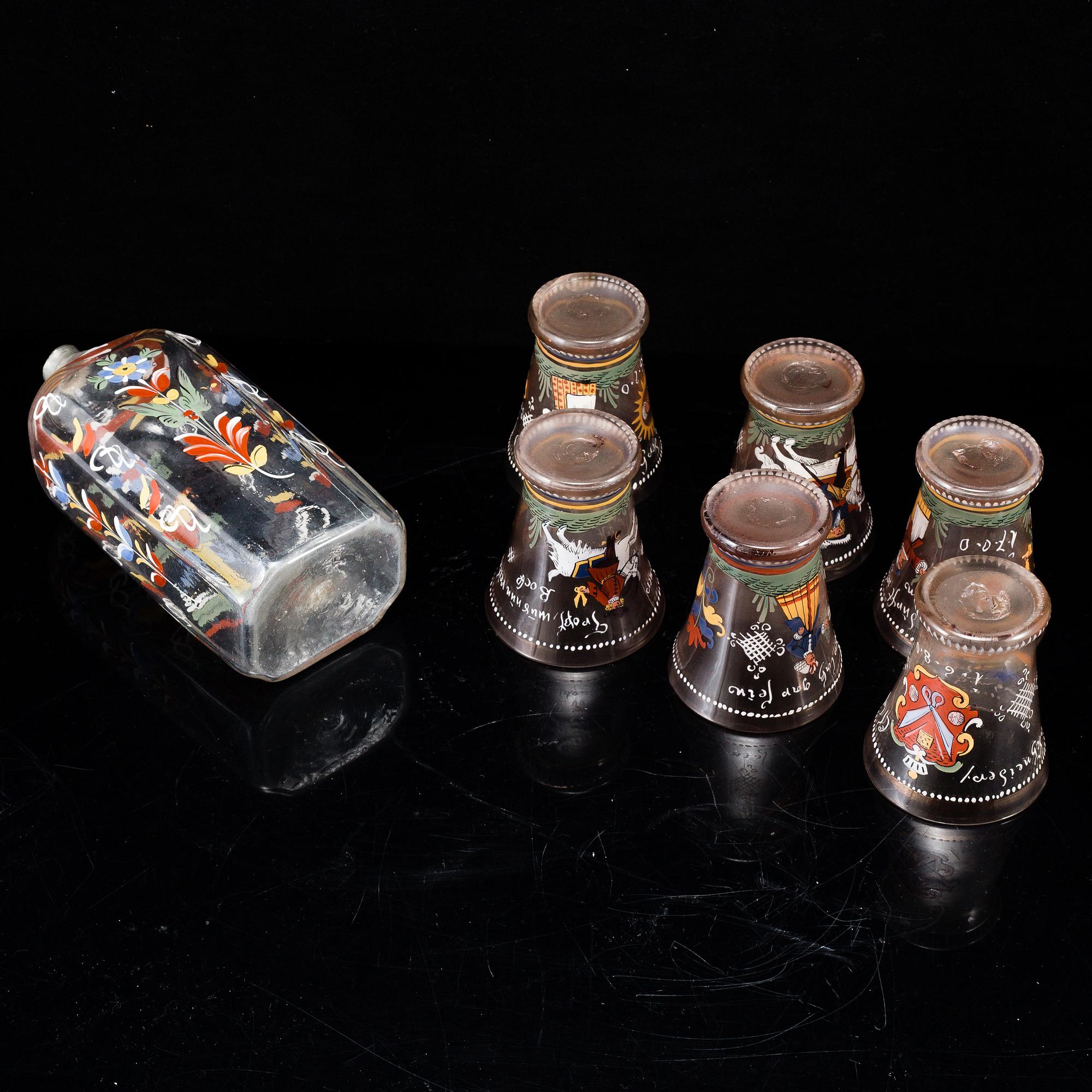 A group of six beaker glasses and a bottle, Historismus, circa 1900.