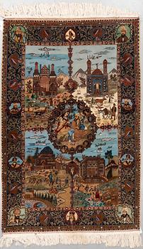A RUG, probably Tabriz, figural, the "Four seasons", ca 233 x 159 cm (as well as 1,5 cm flat weave at the ends).