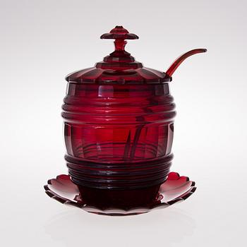 A RUSSIAN PUNCH BOWL WITH LADDLE, ruby glas, first half of the 19th century.