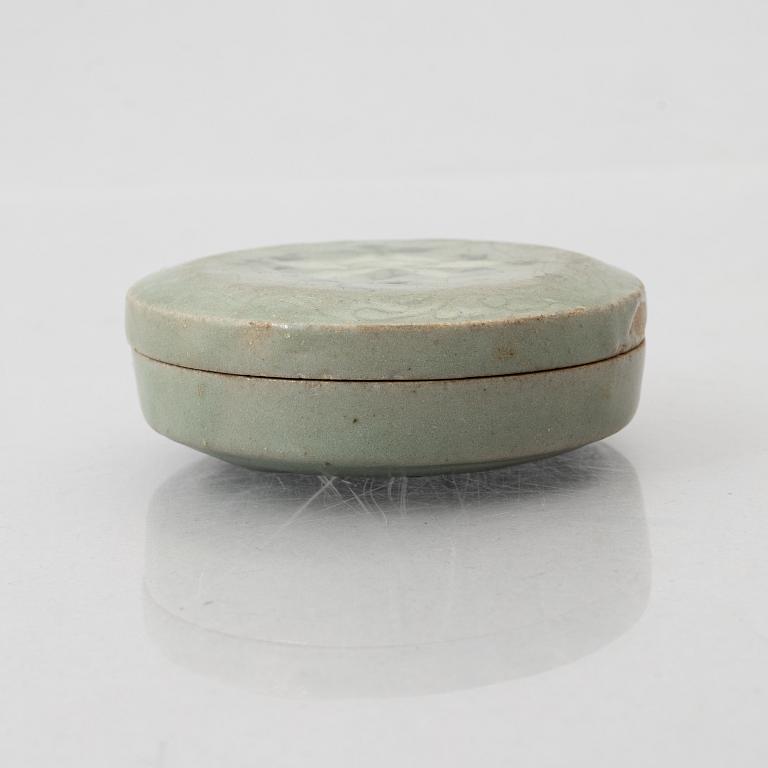 A Korean Celadon glazed box with cover, Koryo dynasty (918–1392).