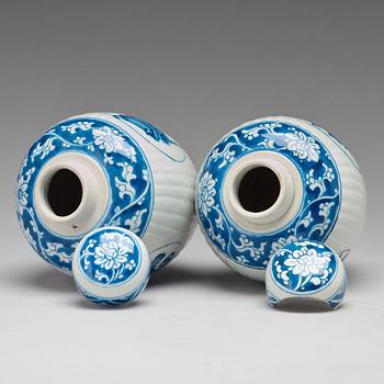 A pair of blue and white jars with covers, Qing dynasty, Kangxi (1662-1722).