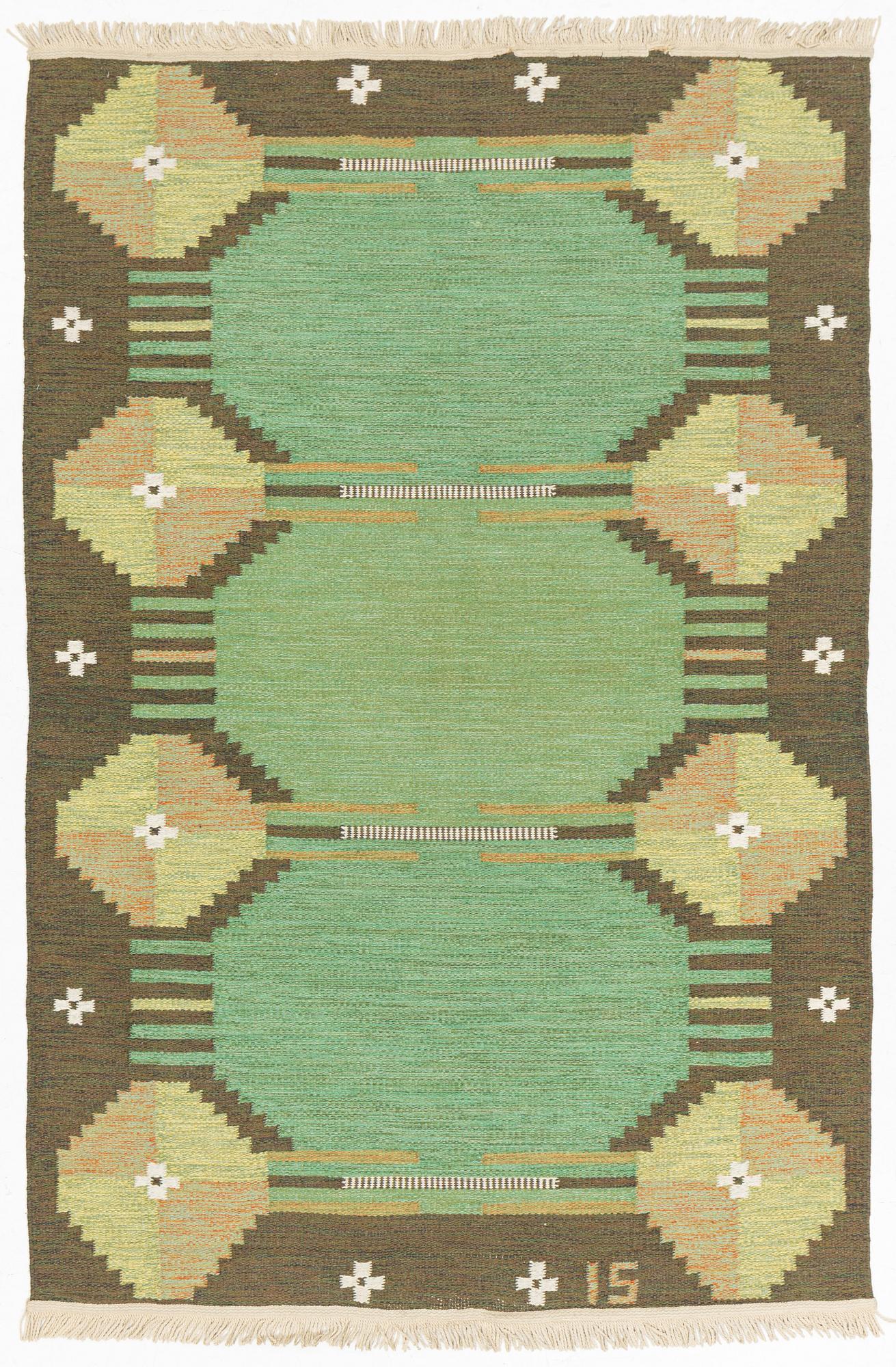 Ingegerd Silow, a flatweave rug, Alestalon Mattokutomo, Kauhava, Finland, signed IS, c. 210 x 137 cm.