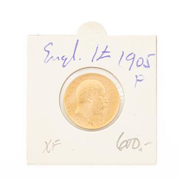 Gold coin, Great Britain, Edward VII, 1 Sovereign, 1905.