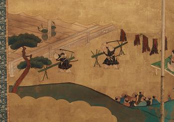 A Japanese six fold screen, Meiji period (1868-1912).