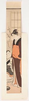 Torii Kiyonaga, after, woodblock print in colours.