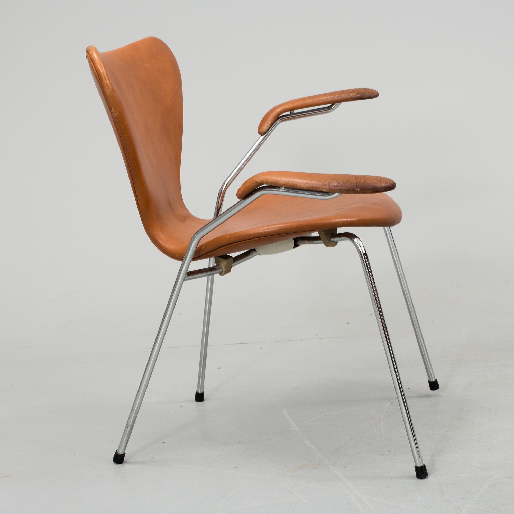 A set of five armchairs by Arne Jacobsen for Fritz Hansen, Denmark, 1981.