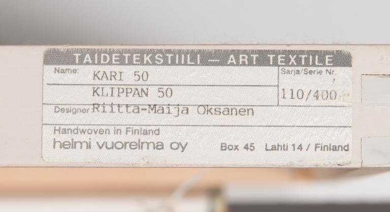 Riitta-Maija Oksanen, kuvakudos, signeerattu RMO, Helmi Vuorelma OY, numeroitu 110/400.