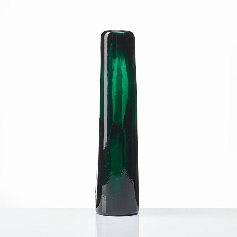 Giorgio Ferro, an oval, green glass vase, "Anse volante", A.VE.M (Arte Vetraria Muranese), Italy 1950's.