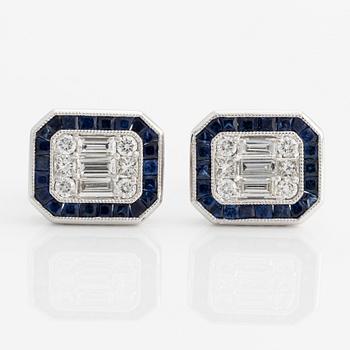 Earrings with baguette and brilliant-cut diamonds and sapphires.