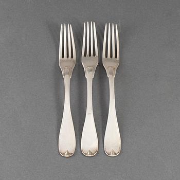 Three Swedish early 19th century silver forks, mark of Jacob Lampa, Stockholm 1822.