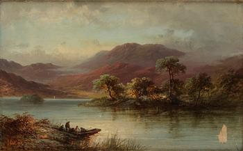 366. John Burcley, Höglänt landskap med figurer vid båt.