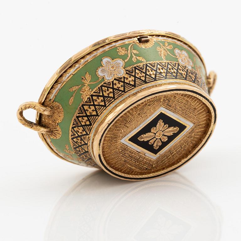 Fickur i form av korg, guld och emalj, Genève, Schweiz, tidigt 1800-tal.