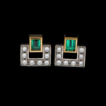 A PAIR OF EARRINGS, facetted emeralds, brilliant cut diamonds, 18K gold and white gold. Raimo Nieminen, Helsinki Finland.