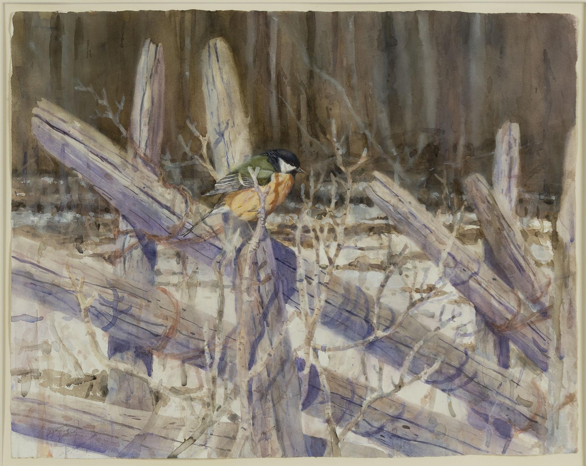 Jonas Nilsson, Winter Scene with Great Tit on a Fence.