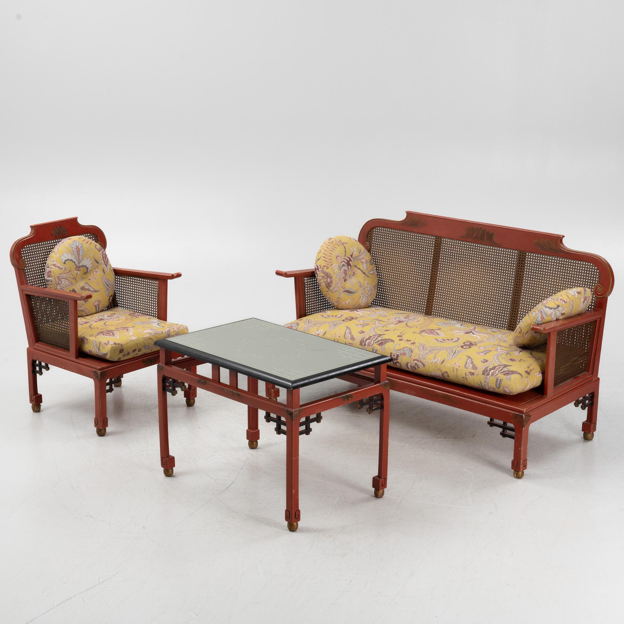 A Swedish Grace sofa, armchair and coffee table, Herbert Anderssons Möbelverkstäder, 1920's.