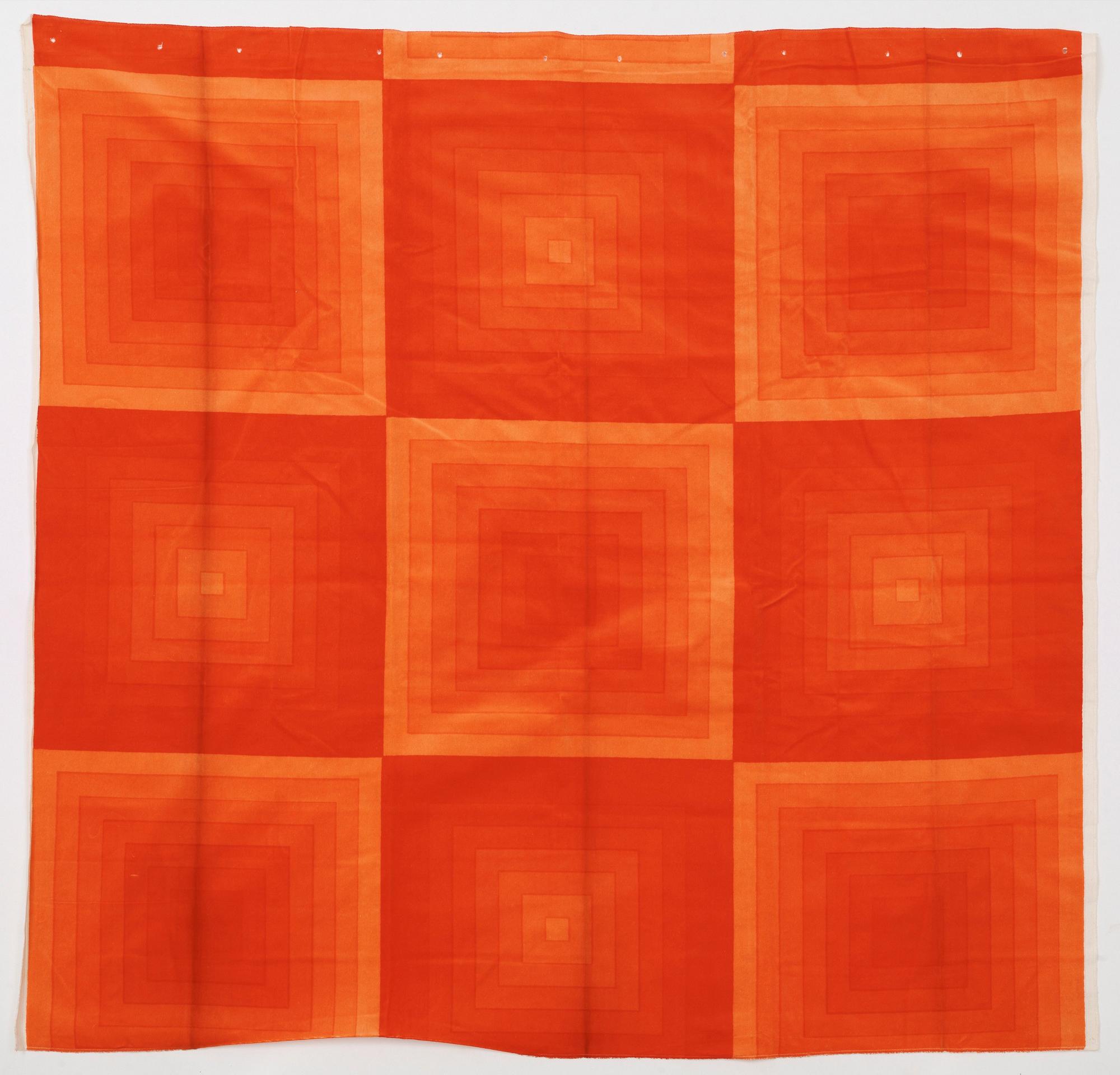 Verner Panton, CURTAINS, 2 PIECES, AND SAMPLERS, 11 PIECES.  Cotton velor. A variety of orange nuances and patterns. Verner Panton.